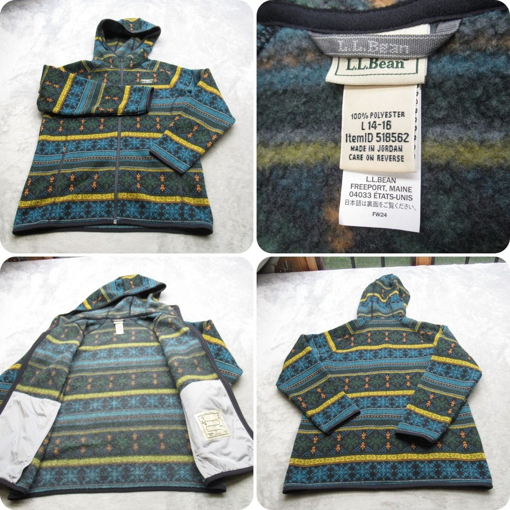 LL Bean Sweater Youth Large Blue Fair Isle Snowflakes Fleece‎ Hooded Full Zip